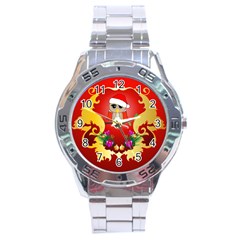 Funny, Cute Christmas Owl  With Christmas Hat Stainless Steel Men s Watch by FantasyWorld7