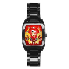 Funny, Cute Christmas Owl  With Christmas Hat Stainless Steel Barrel Watch by FantasyWorld7