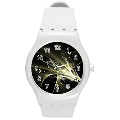 Awesome Glowing Lines With Beautiful Butterflies On Black Background Round Plastic Sport Watch (m) by FantasyWorld7