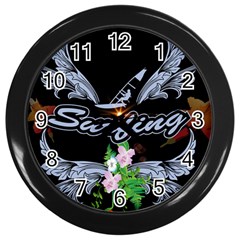 Surfboarder With Damask In Blue On Black Bakcground Wall Clocks (black)