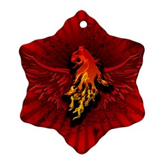 Lion With Flame And Wings In Yellow And Red Snowflake Ornament (2-side) by FantasyWorld7