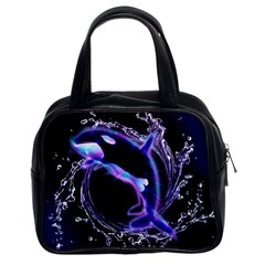 Orca With Glowing Line Jumping Out Of A Circle Mad Of Water Classic Handbags (2 Sides) by FantasyWorld7