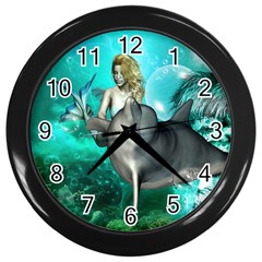 Beautiful Mermaid With  Dolphin With Bubbles And Water Splash Wall Clocks (black) by FantasyWorld7