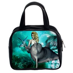 Beautiful Mermaid With  Dolphin With Bubbles And Water Splash Classic Handbags (2 Sides) by FantasyWorld7