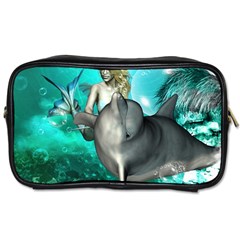 Beautiful Mermaid With  Dolphin With Bubbles And Water Splash Toiletries Bags by FantasyWorld7