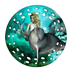 Beautiful Mermaid With  Dolphin With Bubbles And Water Splash Round Filigree Ornament (2side) by FantasyWorld7