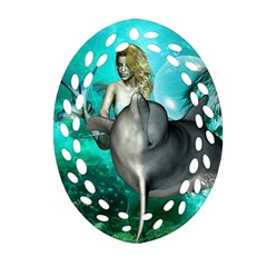 Beautiful Mermaid With  Dolphin With Bubbles And Water Splash Oval Filigree Ornament (2-side)  by FantasyWorld7