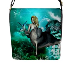 Beautiful Mermaid With  Dolphin With Bubbles And Water Splash Flap Messenger Bag (l)  by FantasyWorld7