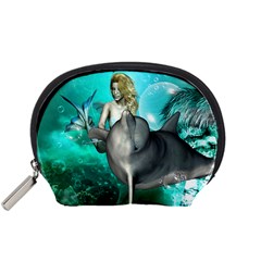 Beautiful Mermaid With  Dolphin With Bubbles And Water Splash Accessory Pouches (small)  by FantasyWorld7