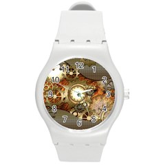 Steampunk, Wonderful Steampunk Design With Clocks And Gears In Golden Desing Round Plastic Sport Watch (m) by FantasyWorld7