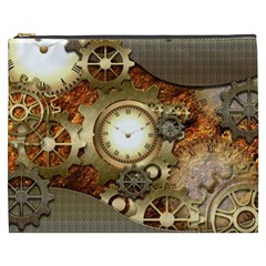 Steampunk, Wonderful Steampunk Design With Clocks And Gears In Golden Desing Cosmetic Bag (xxxl)  by FantasyWorld7