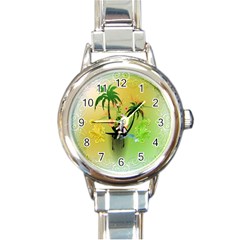 Surfing, Surfboarder With Palm And Flowers And Decorative Floral Elements Round Italian Charm Watches by FantasyWorld7