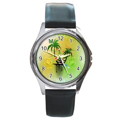 Surfing, Surfboarder With Palm And Flowers And Decorative Floral Elements Round Metal Watches by FantasyWorld7