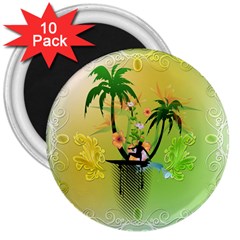 Surfing, Surfboarder With Palm And Flowers And Decorative Floral Elements 3  Magnets (10 pack) 