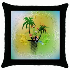 Surfing, Surfboarder With Palm And Flowers And Decorative Floral Elements Throw Pillow Cases (Black)