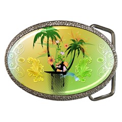 Surfing, Surfboarder With Palm And Flowers And Decorative Floral Elements Belt Buckles