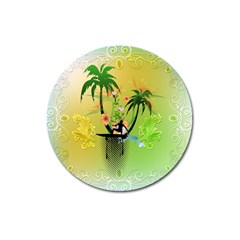 Surfing, Surfboarder With Palm And Flowers And Decorative Floral Elements Magnet 3  (round) by FantasyWorld7