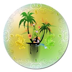 Surfing, Surfboarder With Palm And Flowers And Decorative Floral Elements Magnet 5  (Round)