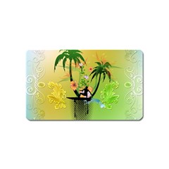 Surfing, Surfboarder With Palm And Flowers And Decorative Floral Elements Magnet (Name Card)