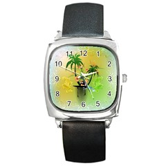 Surfing, Surfboarder With Palm And Flowers And Decorative Floral Elements Square Metal Watches