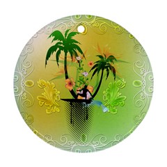 Surfing, Surfboarder With Palm And Flowers And Decorative Floral Elements Round Ornament (Two Sides) 