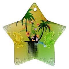 Surfing, Surfboarder With Palm And Flowers And Decorative Floral Elements Star Ornament (Two Sides) 