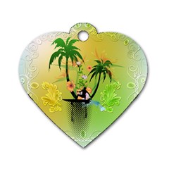 Surfing, Surfboarder With Palm And Flowers And Decorative Floral Elements Dog Tag Heart (One Side)