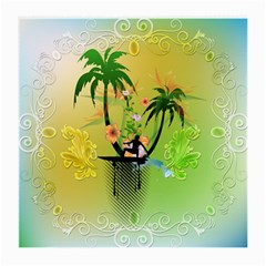 Surfing, Surfboarder With Palm And Flowers And Decorative Floral Elements Medium Glasses Cloth