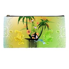 Surfing, Surfboarder With Palm And Flowers And Decorative Floral Elements Pencil Cases