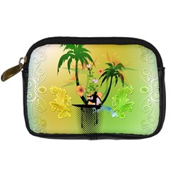Surfing, Surfboarder With Palm And Flowers And Decorative Floral Elements Digital Camera Cases