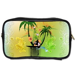 Surfing, Surfboarder With Palm And Flowers And Decorative Floral Elements Toiletries Bags