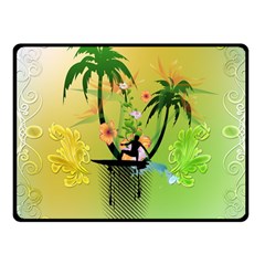 Surfing, Surfboarder With Palm And Flowers And Decorative Floral Elements Fleece Blanket (Small)