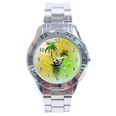 Surfing, Surfboarder With Palm And Flowers And Decorative Floral Elements Stainless Steel Men s Watch
