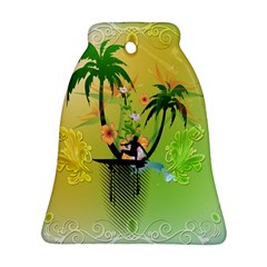 Surfing, Surfboarder With Palm And Flowers And Decorative Floral Elements Ornament (bell)  by FantasyWorld7