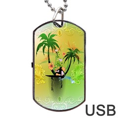 Surfing, Surfboarder With Palm And Flowers And Decorative Floral Elements Dog Tag USB Flash (One Side)