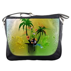 Surfing, Surfboarder With Palm And Flowers And Decorative Floral Elements Messenger Bags