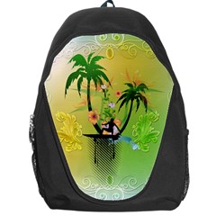 Surfing, Surfboarder With Palm And Flowers And Decorative Floral Elements Backpack Bag