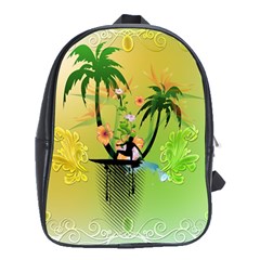 Surfing, Surfboarder With Palm And Flowers And Decorative Floral Elements School Bags (XL) 