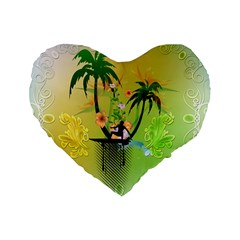 Surfing, Surfboarder With Palm And Flowers And Decorative Floral Elements Standard 16  Premium Heart Shape Cushions