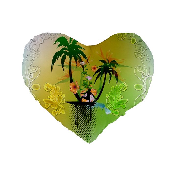 Surfing, Surfboarder With Palm And Flowers And Decorative Floral Elements Standard 16  Premium Heart Shape Cushions