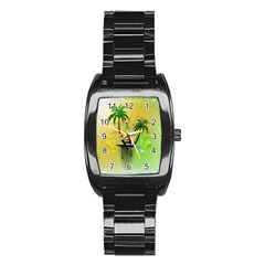 Surfing, Surfboarder With Palm And Flowers And Decorative Floral Elements Stainless Steel Barrel Watch