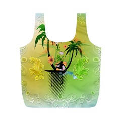 Surfing, Surfboarder With Palm And Flowers And Decorative Floral Elements Full Print Recycle Bags (M) 