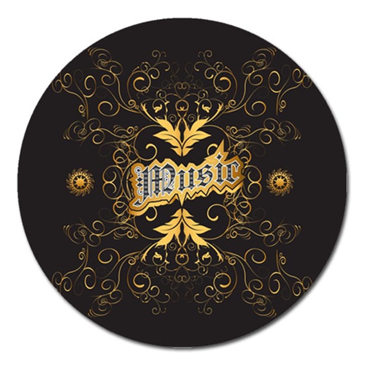 Music The Word With Wonderful Decorative Floral Elements In Gold Magnet 5  (Round)