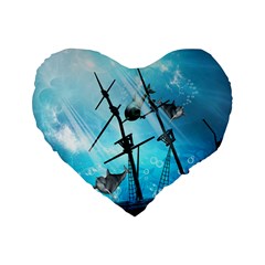 Awesome Ship Wreck With Dolphin And Light Effects Standard 16  Premium Flano Heart Shape Cushions by FantasyWorld7