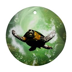 Wonderful Sea Turtle With Bubbles Round Ornament (two Sides) 