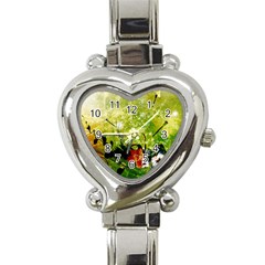 Awesome Flowers And Lleaves With Dragonflies On Red Green Background With Grunge Heart Italian Charm Watch by FantasyWorld7
