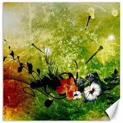 Awesome Flowers And Lleaves With Dragonflies On Red Green Background With Grunge Canvas 20  X 20  