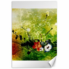 Awesome Flowers And Lleaves With Dragonflies On Red Green Background With Grunge Canvas 20  X 30  