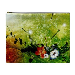 Awesome Flowers And Lleaves With Dragonflies On Red Green Background With Grunge Cosmetic Bag (xl) by FantasyWorld7