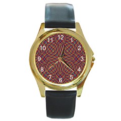 Trippy Tartan Round Leather Watch (gold Rim)  by SaraThePixelPixie